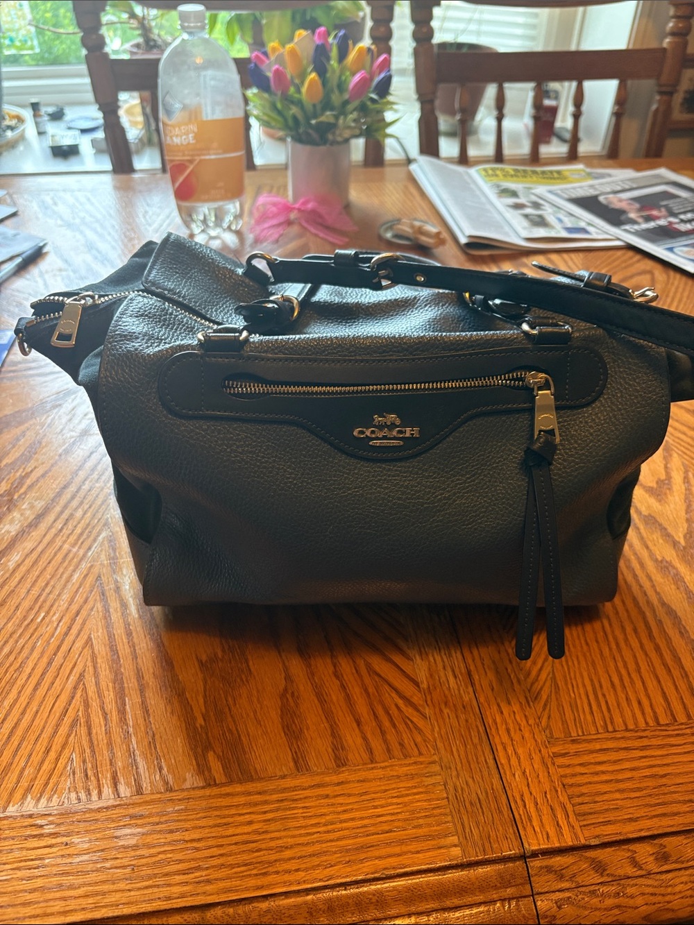 Coach Navy Pebbled Leather Satchel with suede sides and gold Hardware